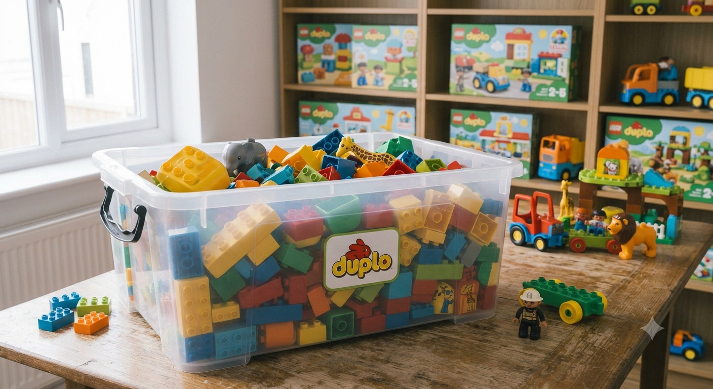 A tub of loose LEGO Duplo bricks ready to sell